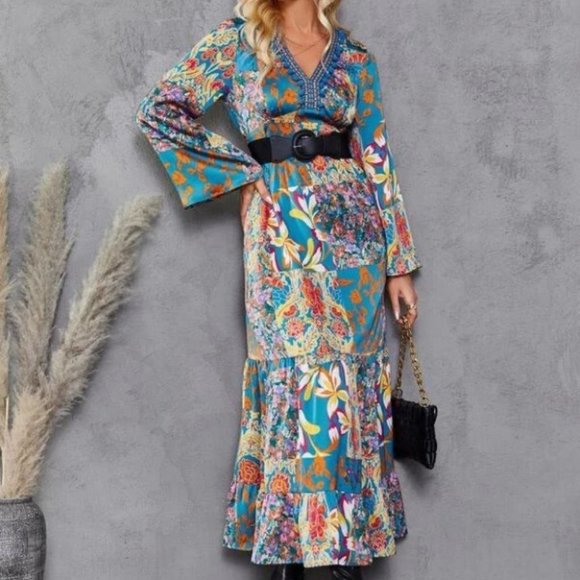 . Dresses & Skirts - boho Patchwork multi color Flounce Sleeve Ruffle Hem maxi Dress